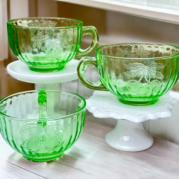 Antique Green Uranium Glass Tea Cups - Picture 1 of 8